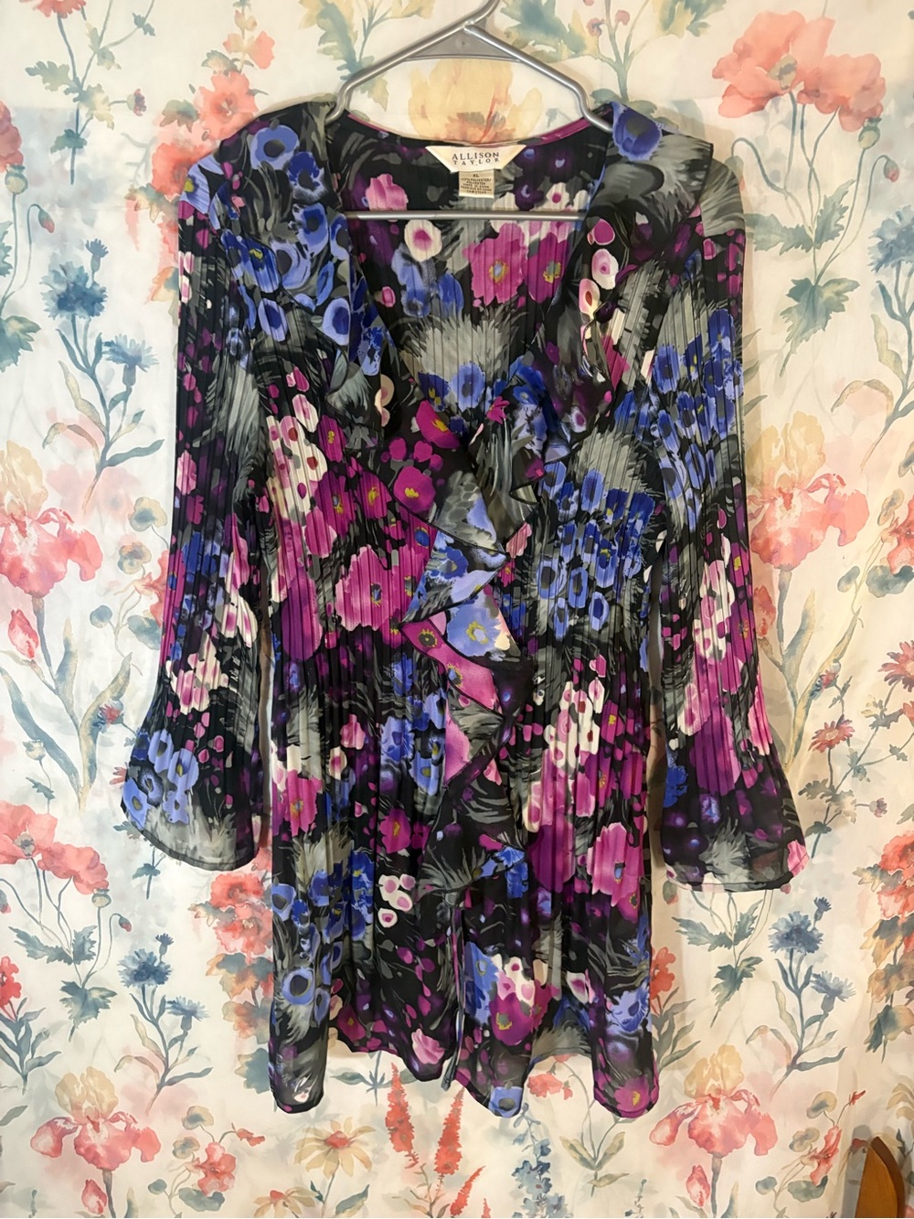Vintage Allison Taylor Black Floral Ruffle V-Neck Top with Purple & Blue Flowers